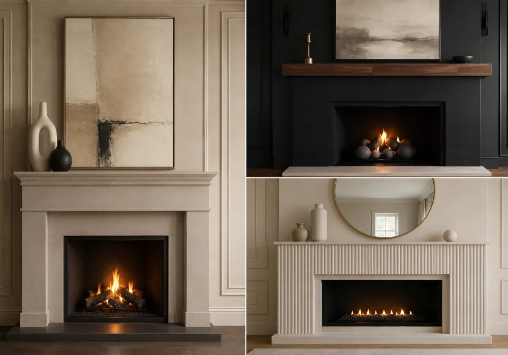 Modern Fireplace Mantel Ideas collage featuring three sophisticated contemporary fireplace designs, including a warm beige traditional-inspired mantel with oversized abstract artwork and sculptural vases, a dramatic black fireplace with a rich walnut mantel and neutral artwork, and a refined fluted white fireplace surround with a large round mirror and minimalist ceramic decor. The three fireplace wall designs use elegant neutral tones, warm wood accents, black contrast, architectural detailing, glowing fire features, and refined living room styling for a high-end modern home decor look.