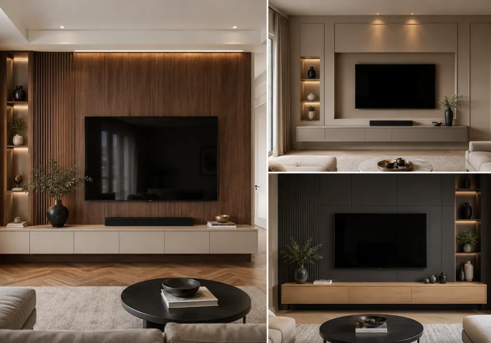 Modern contemporary living room featuring a premium TV wall designs collage with three distinct realistic media wall designs, including a warm walnut feature wall with illuminated shelving, a refined taupe built-in TV wall with recessed display niches, and a dramatic charcoal TV wall with warm wood cabinetry, large black flat screen televisions, floating media consoles, subtle LED lighting, neutral upholstered furniture, natural wood finishes, and sophisticated modern interior styling.