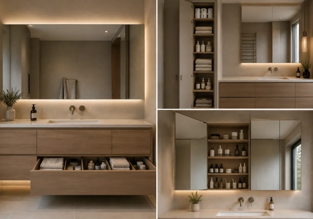 Modern bathroom storage ideas featured in a three image collage with a deep organized vanity drawer, tall floor to ceiling cabinet for towels and toiletries, and hidden mirrored storage with shelves for skincare and everyday bathroom essentials in warm contemporary interiors.