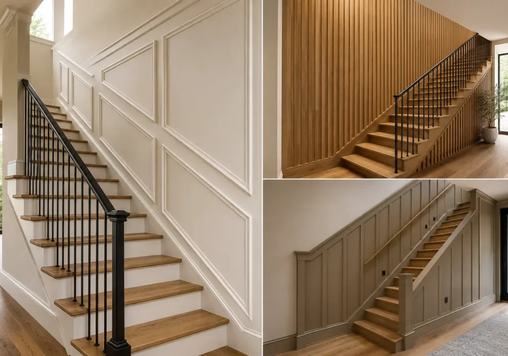 Modern staircase paneling ideas featured in a three image collage showcasing elegant white picture frame molding, warm floor to ceiling wood slat paneling, and taupe board and batten staircase walls, paired with natural oak steps and black railings for a refined architectural home design.