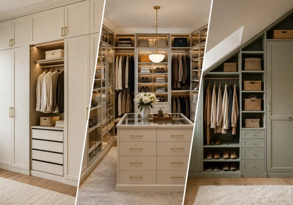 Pinterest featured image showcasing a stylish collection of IKEA closet ideas in three distinct built-in wardrobe designs, including a cream full-wall wardrobe with paneled doors and warm illuminated hanging storage, a luxurious walk-in closet with glass-front cabinets, open shelving, organized clothing, shoes, handbags, and a central drawer island, plus a space-saving sage green wardrobe beneath a sloped ceiling with open shelves, woven storage baskets, drawers, hanging clothes, and shoe storage, all presented in warm neutral interiors with natural wood flooring and refined custom cabinetry details. IKEA Closet Ideas