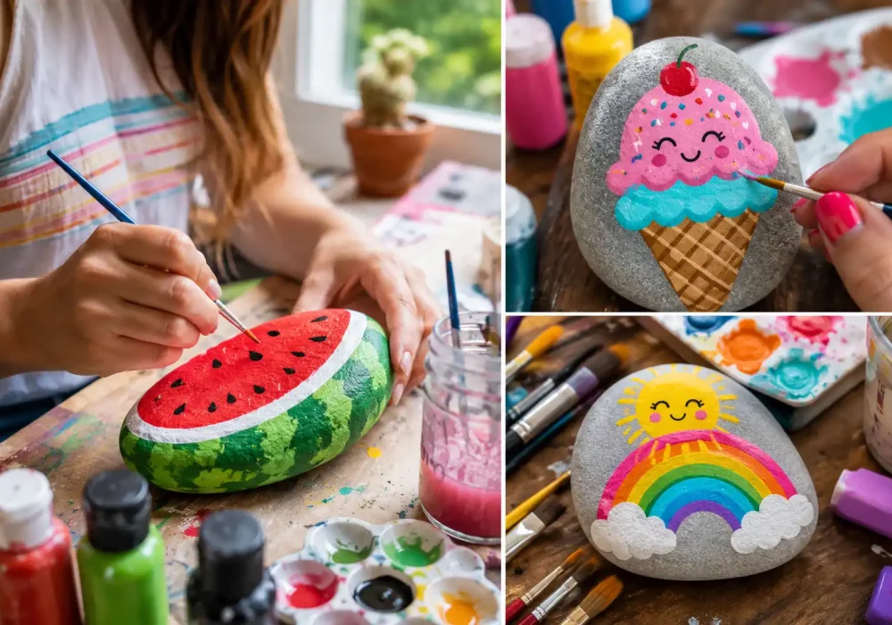 Hand painted rock painting ideas – watermelon, ice cream cone, and rainbow painted stones DIY craft