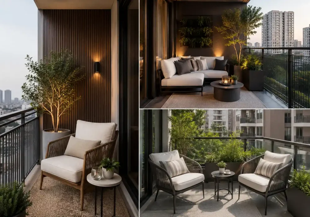 Photorealistic modern apartment balcony ideas collage featuring three stylish contemporary outdoor spaces, including a warm wood slatted privacy screen with a cozy lounge chair, a sophisticated cream sofa balcony with lush greenery and warm lighting, and a two chair balcony seating area with modern planters. The three balcony designs showcase stylish apartment balcony ideas, cozy outdoor seating, modern privacy solutions, neutral decor, and contemporary urban outdoor living.