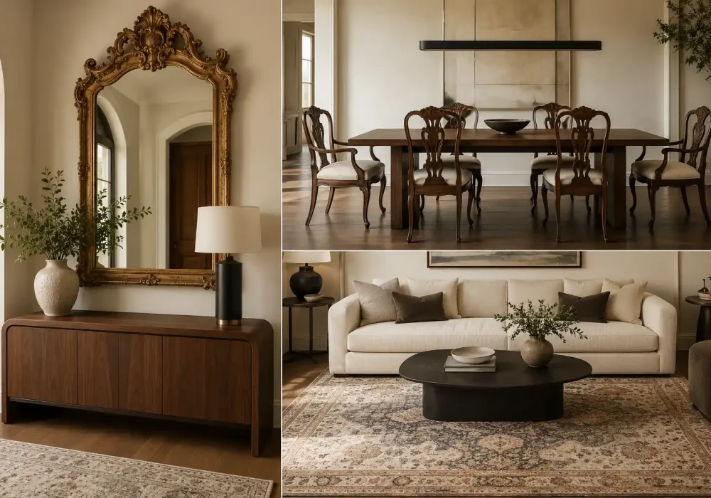 Three-panel antique home decor ideas collage featuring an ornate antique gold mirror above a sleek walnut console, carved antique dining chairs around a contemporary wood table, and a modern cream sofa layered with a faded traditional rug and dark sculptural coffee table.