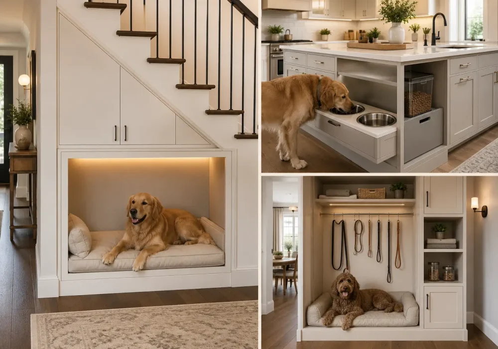 Modern dog corner ideas collage featuring three stylish pet friendly home designs, including a built in under staircase dog nook with a golden retriever resting on a cushioned bed, a contemporary kitchen island feeding station with stainless steel bowls and pet food storage, and a custom mudroom dog station with a comfortable built in bed, organized leashes, towels, toys, and closed cabinetry. The collage showcases clean modern interiors, warm neutral cabinetry, practical pet storage, soft lighting, and space saving dog corner solutions for stylish small homes.