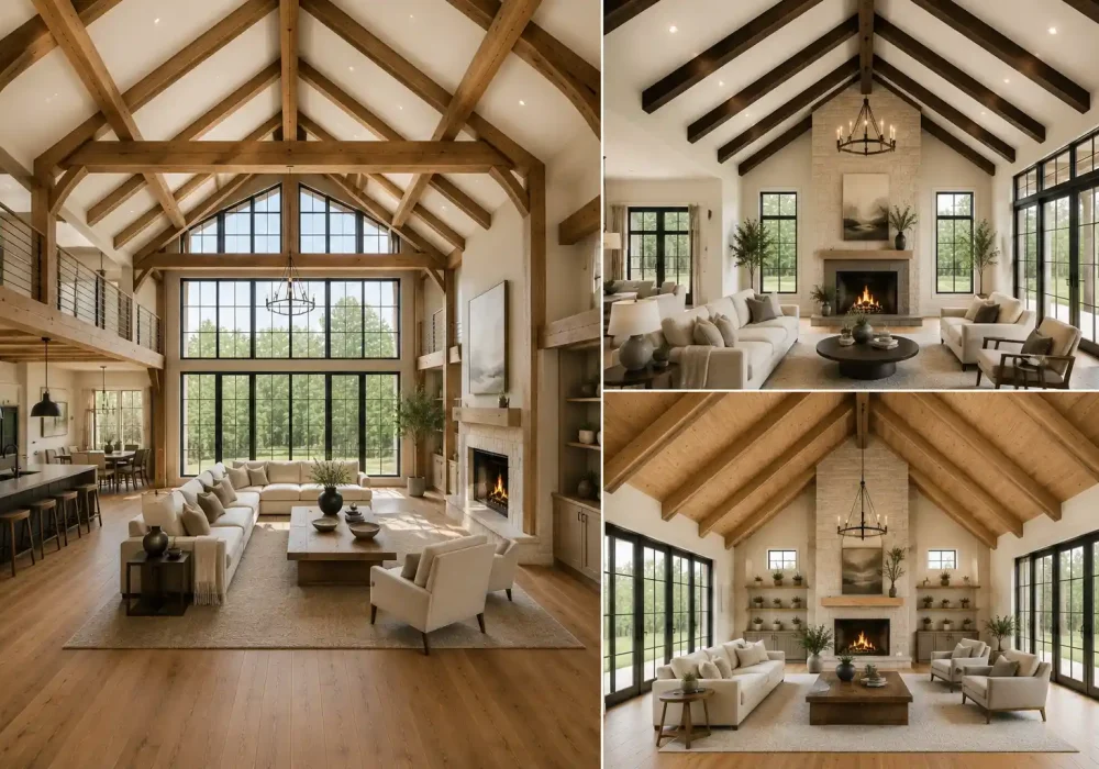 Modern rustic vaulted living room ceiling beam ideas collage featuring exposed natural oak ceiling beams, dramatic timber trusses, dark wood rafters, and a warm wood planked vaulted ceiling, paired with soaring black framed windows, stone fireplaces, cream seating, neutral decor, and warm oak flooring.