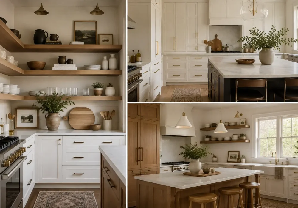 Open shelving vs closed cabinets in a warm modern farmhouse kitchen with wood floating shelves, white cabinetry, and brass hardware