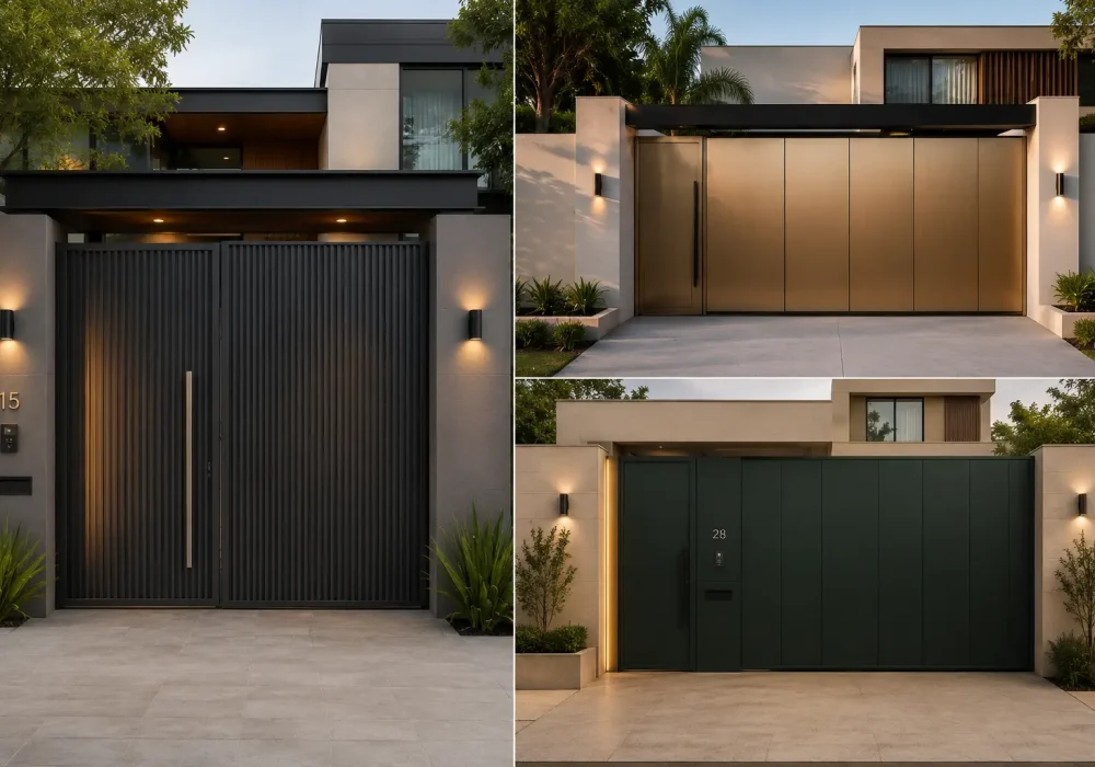 Modern entrance gate ideas shown in a three image collage featuring a tall black fluted metal gate with a long minimalist handle, a warm bronze panel gate with sleek black framing, and a deep green flush panel gate with integrated pedestrian access, architectural lighting, neutral boundary walls, modern landscaping, and clean paved driveways for contemporary home entrance inspiration.