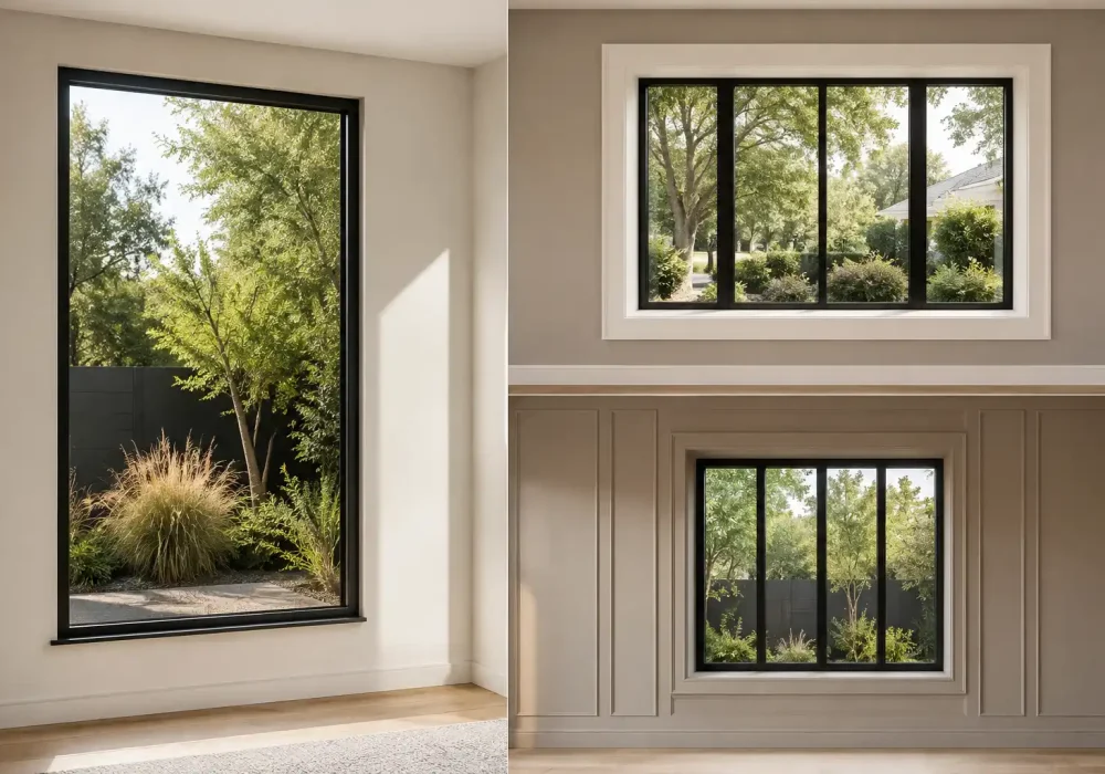 Modern window trim ideas featured in a three image editorial collage showcasing slim black window trim, wide white casing around black framed windows, and elegant window trim integrated with neutral wall paneling. The contemporary designs highlight clean architectural lines, contrasting finishes, and polished window detailing for stylish interior updates.