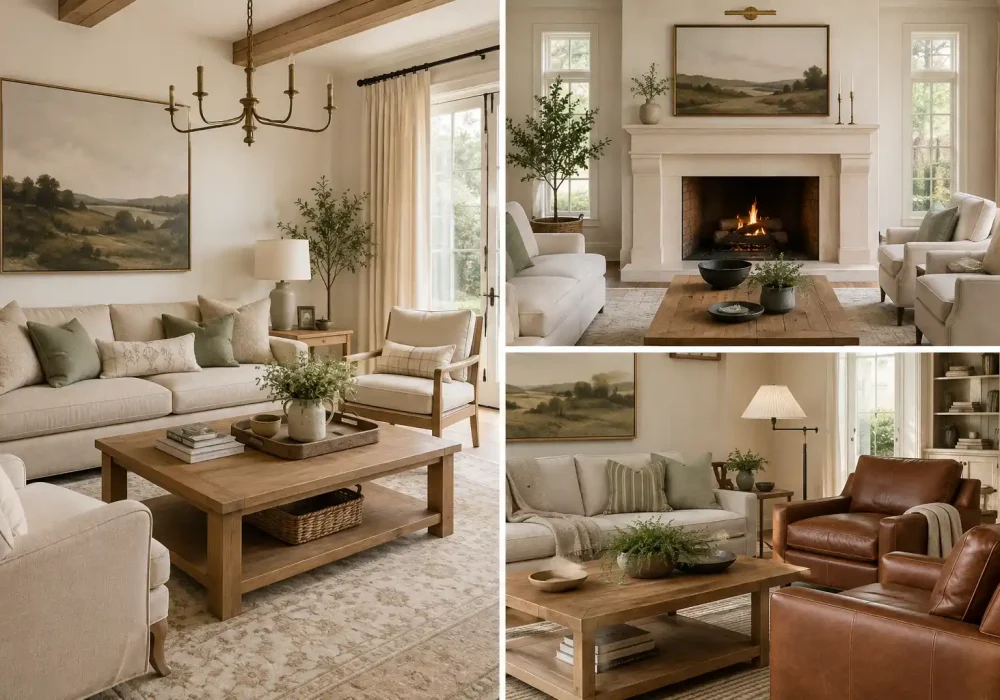 Refined farmhouse living room decor collage featuring a warm cream sofa with muted sage pillows, natural oak coffee tables, soft neutral patterned rugs, exposed wood ceiling beams, elegant brass lighting, oversized countryside landscape artwork, a classic cream fireplace with a glowing fire, cognac leather accent chairs, built in shelving, floor length curtains, and layered neutral furnishings creating a warm, relaxed, and sophisticated farmhouse living space.