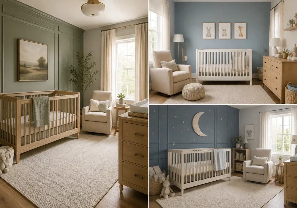 Featured collage of baby boy nursery ideas showing three polished nursery designs with sage green wall paneling, soft blue walls, and a deep blue moon and stars feature wall, styled with natural wood and white cribs, warm wood changing dressers, cream nursing chairs, ivory curtains, neutral textured rugs, framed nursery artwork, soft lighting, and timeless decor inspiration for baby boy rooms.