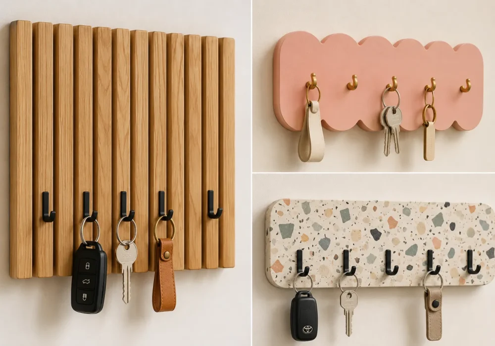 Modern DIY key holder ideas displayed in a three image grid, featuring a warm oak vertical slat key holder, a cute pink scalloped key organizer with brass hooks, and a terrazzo key holder with black hooks, house keys, car keys, and leather keychains for stylish entryway wall organization.