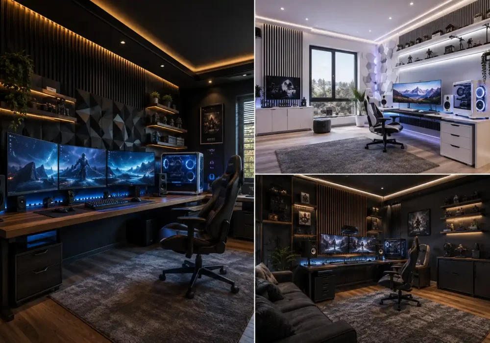 Modern gaming room ideas featured in a three image collage with dark luxury gaming setups, multi monitor desks, RGB gaming PCs, ergonomic gaming chairs, illuminated display shelves, geometric feature walls, warm ambient lighting, blue LED accents, modern storage, and a bright white gaming room for contrasting design inspiration.