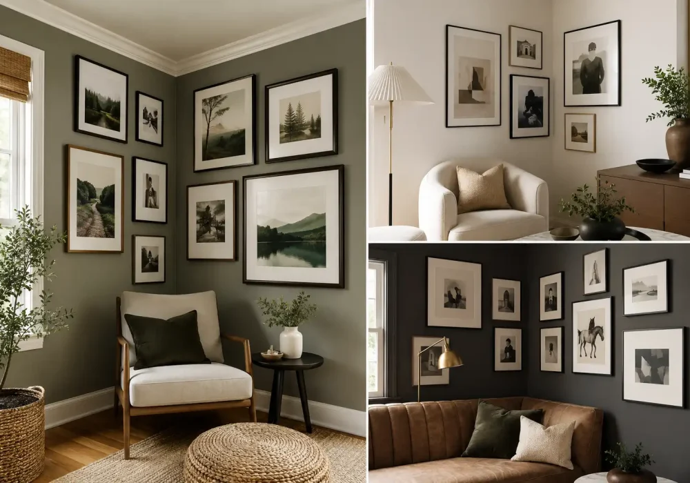 Modern corner wall gallery ideas inspiration featuring three stylish living room gallery wall arrangements in a cohesive editorial collage, including neutral framed artwork, botanical photography, abstract prints, dark accent walls, contemporary seating, natural wood furniture, and carefully styled decor.