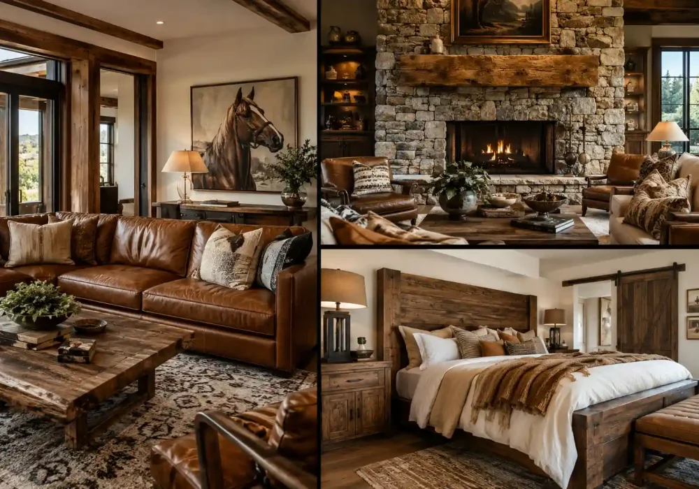 Luxury Western home decor ideas collage featuring a cognac leather living room with rustic wood furniture and horse artwork, a natural stone fireplace with reclaimed wood mantel, and a warm Western bedroom with an oversized wood headboard, layered neutral bedding, exposed timber beams, textured rugs, and polished modern ranch-style interiors.