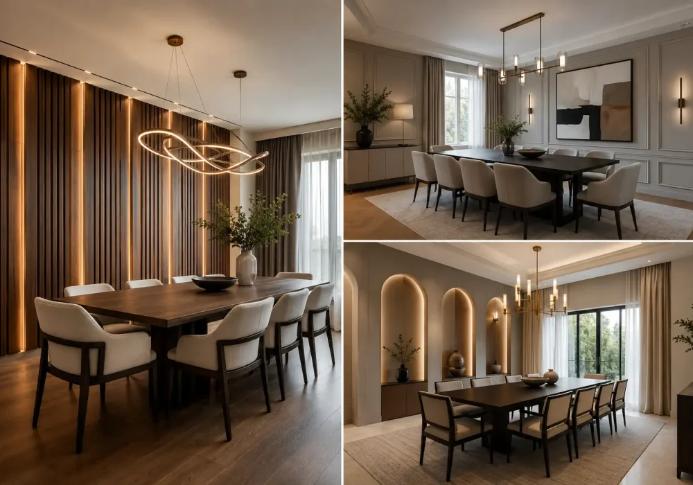Modern dining room wall decor ideas collage featuring three stylish contemporary interiors with a full height fluted wood feature wall and integrated lighting, elegant wall molding with oversized abstract art and sconces, and illuminated arched wall niches with modern dining tables, upholstered chairs, and statement chandeliers.