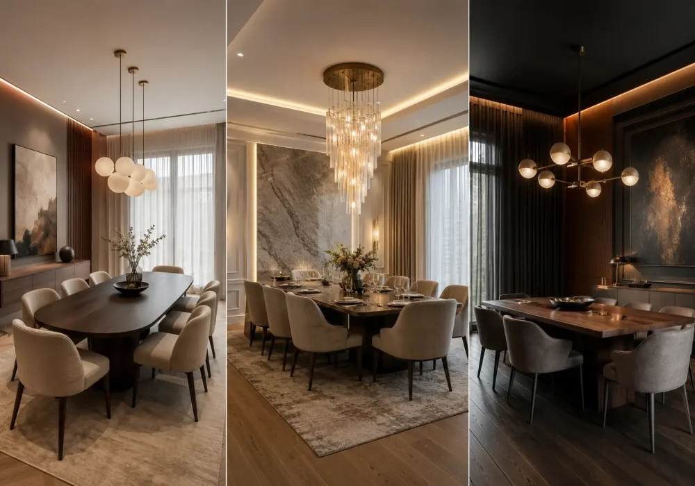 Horizontal featured image collage showing three modern dining room ideas, including a warm contemporary dining space with an oval dark wood table and globe pendant lights, an elegant luxury dining room with a statement crystal chandelier and neutral upholstered chairs, and a dark moody dining room with rich wood finishes, dramatic wall art, and warm ambient lighting.
