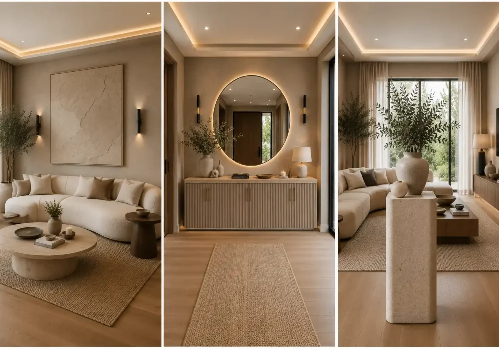 Featured collage showcasing contemporary DIY home decor ideas including oversized textured canvas wall art, a fluted entryway console cabinet with a backlit round mirror, and a faux travertine pedestal display in luxurious modern interiors with warm neutral colors, oak flooring, concealed LED lighting, cream furniture, and elegant designer styling.