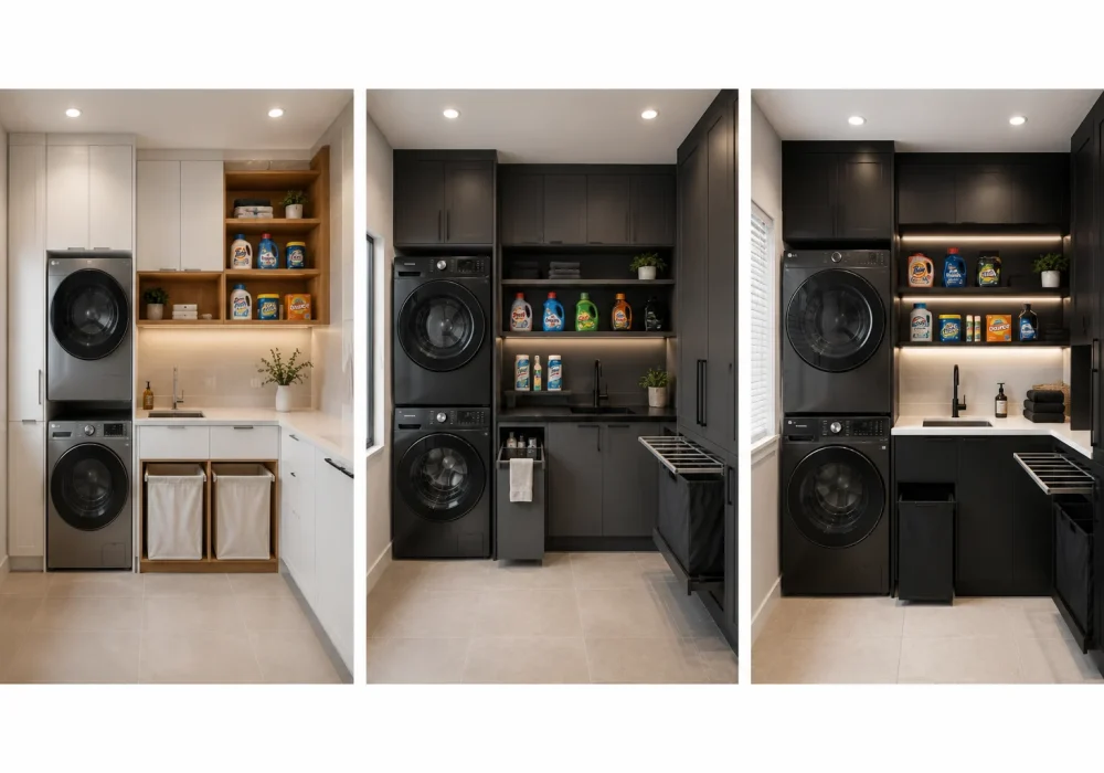 Modern laundry room ideas collage featuring three stylish utility room designs with stacked front load washer and dryer, smart storage cabinets, open shelving, pull out laundry hampers, integrated utility sinks, quartz countertops, warm LED lighting, and space saving layouts in white, charcoal black, and matte black finishes for contemporary homes.