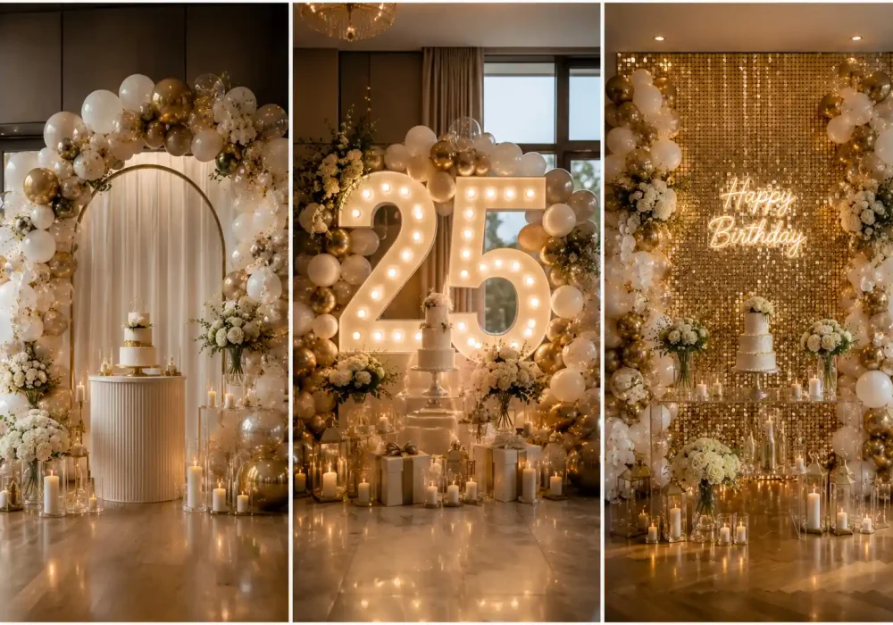 Luxury birthday decoration ideas collage featuring an elegant balloon arch backdrop, oversized LED marquee numbers, glamorous gold shimmer wall, white and gold balloon garlands, fresh white floral arrangements, premium cake displays, glowing candles, acrylic décor, and modern birthday party inspiration for stylish milestone celebrations.