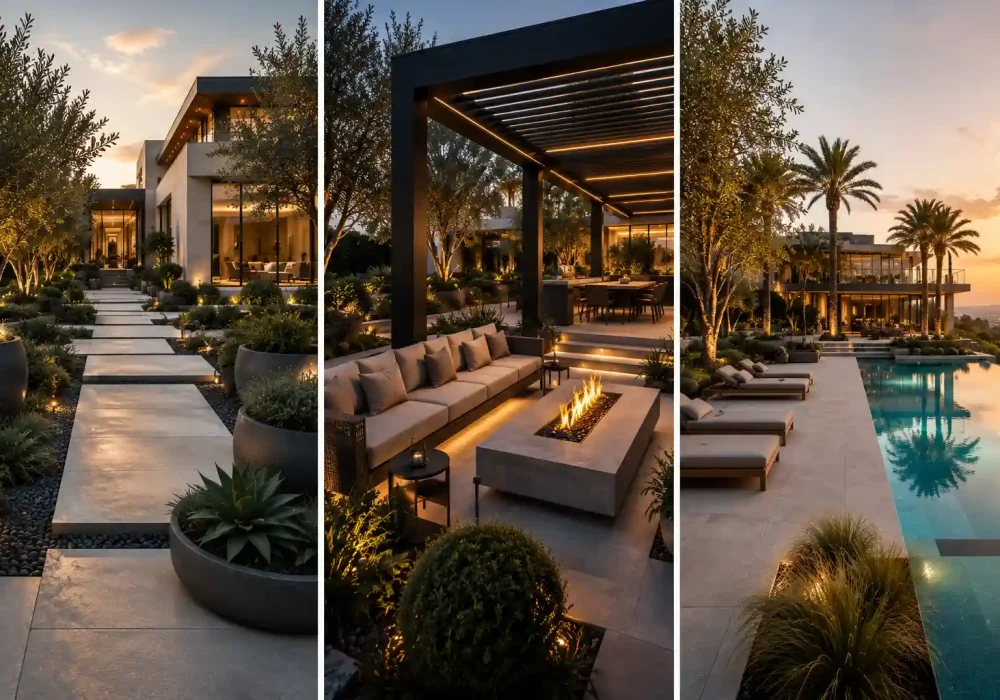 Luxury modern garden collage featuring a minimalist concrete garden pathway, contemporary pergola with integrated LED lighting, elegant outdoor fire pit lounge, infinity edge swimming pool, architectural landscaping, oversized designer planters, mature olive trees, premium outdoor living space, resort style backyard, modern landscape architecture, luxury backyard inspiration, contemporary garden decor, high end residential landscaping, stylish outdoor entertaining area, and elegant modern home exterior. garden decor ideas
