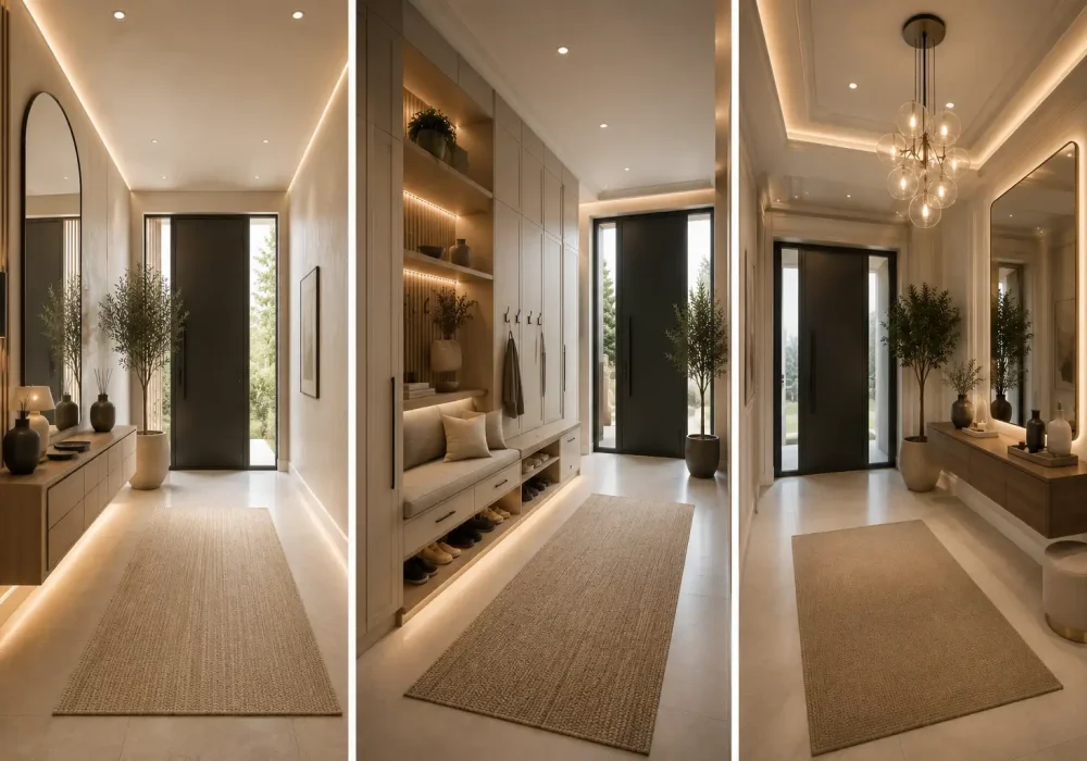 Luxury modern smart entrance hall ideas collage featuring three stylish contemporary entryway designs with floating console tables, floor to ceiling built in storage cabinets, elegant upholstered bench seating, oversized LED backlit mirrors, warm wood finishes, recessed ceiling lighting, statement pendant lighting, indoor olive trees, textured runner rugs, matte black front doors, hidden shoe storage, neutral color palette, and premium architectural interiors perfect for modern home entrance inspiration.