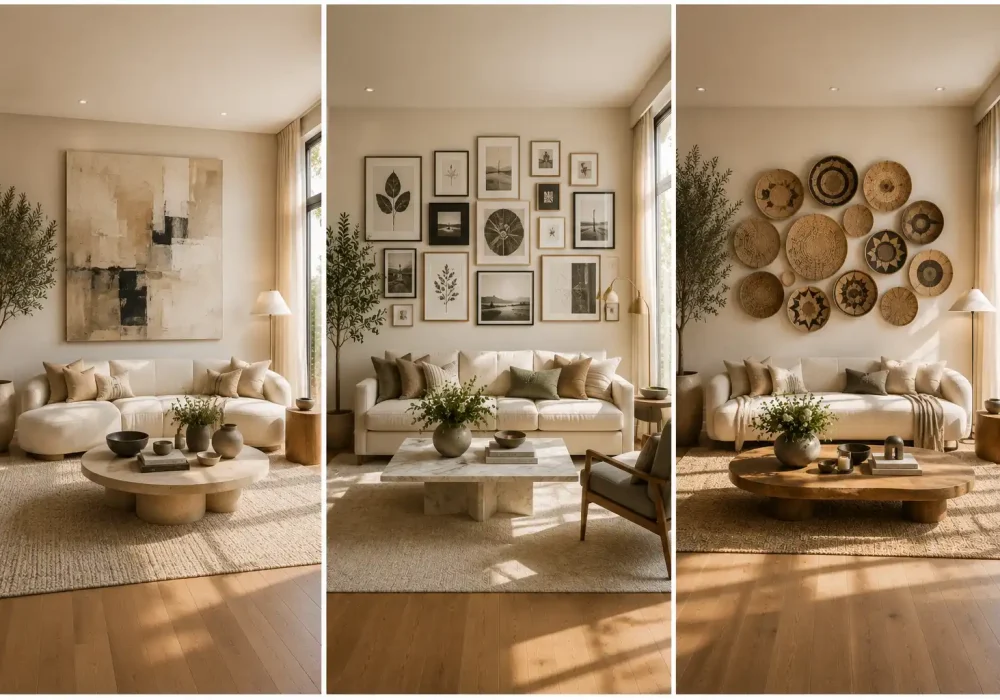 Three luxurious DIY wall art ideas displayed in a modern neutral living room featuring a large abstract canvas painting, stylish gallery wall with framed artwork, and handcrafted woven basket wall décor arranged in a clean three panel grid with cream sofas, travertine coffee tables, oak flooring, indoor olive trees, floor to ceiling windows, warm natural sunlight, elegant contemporary furniture, and inspiring DIY wall art ideas for decorating blank walls.