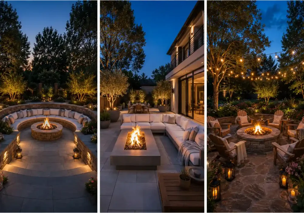 Luxury backyard cozy fire pit ideas featuring three premium outdoor entertaining spaces in a three panel collage, including a sunken stone fire pit with built in seating, a modern concrete fire table with sectional sofa, and a classic circular stone fire pit with Adirondack chairs under café string lights, surrounded by lush landscaping, glowing lanterns, mature trees, elegant patios, and warm evening lighting for cozy backyard gatherings.