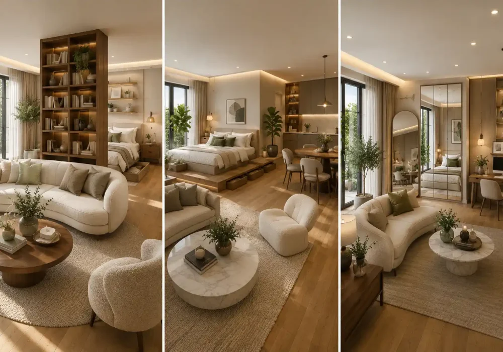 Luxury three panel studio apartment ideas collage featuring modern small apartment ideas with a floor to ceiling bookshelf room divider, raised platform bed with hidden storage, oversized floor mirror, multifunctional living room, cozy bedroom, round dining area, warm oak flooring, neutral home decor, large black framed windows, built in shelving, marble coffee tables, soft layered lighting, indoor plants, and elegant space saving interior design that makes one room feel like many.