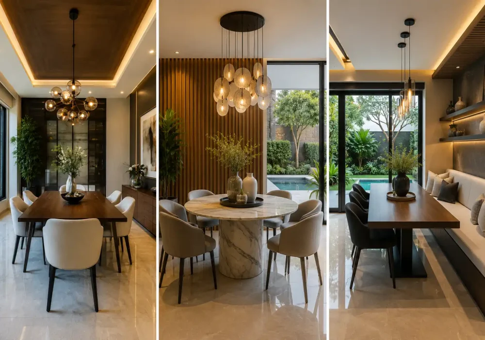 Luxury modern small dining room ideas collage featuring three contemporary dining room designs with a rectangular walnut dining table, round marble pedestal table, custom built in bench seating, designer pendant chandeliers, wood slat accent wall, floor to ceiling black framed windows, polished porcelain flooring, indoor plants, custom cabinetry, and elegant space saving dining room ideas for modern homes.