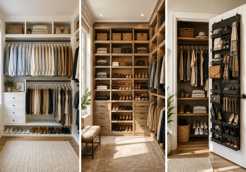 Featured image showcasing the best small closet organization ideas in one elegant collage featuring a double hanging rod closet, floor to ceiling custom shelving with shoe storage, and an over the door closet organizer for handbags, belts, shoes, and accessories. Luxury built in closet design with space saving storage solutions, modern wardrobe organization, and smart ideas to maximize every inch of a small closet while creating a clean, stylish, and functional space.