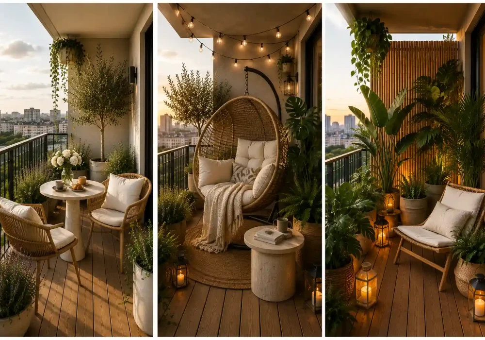 Luxury small balcony design ideas collage featuring three elegant outdoor oasis designs with a cozy bistro dining set, stylish hanging egg chair, lush tropical plants, bamboo privacy screen, warm string lights, natural wood decking, woven furniture, decorative lanterns, olive trees, and modern balcony decorating inspiration for small outdoor living spaces.