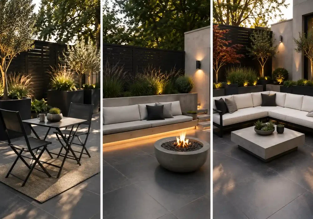 Luxury small patio featuring a premium three panel collage with a modern foldable bistro set, custom built in concrete bench seating, and a contemporary corner sectional sofa. The patio showcases charcoal porcelain pavers, oversized black architectural planters, olive trees, ornamental grasses, warm landscape lighting, minimalist concrete coffee table, black privacy screens, and elegant modern outdoor furniture ideas for compact patios, apartment balconies, and stylish outdoor living spaces. outdoor furniture ideas
