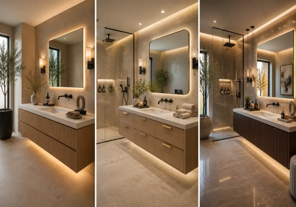 Luxury guest bathroom decor ideas collage featuring three elegant modern guest bathrooms with floating fluted wood vanities, white quartz countertops, oversized backlit LED mirrors, matte black wall mounted faucets, frameless glass walk in showers, rainfall showerheads, warm beige porcelain floor and wall tiles, concealed under vanity LED lighting, designer wall sconces, pendant lighting, ceramic décor, olive trees in decorative planters, premium boutique hotel styling, and sophisticated contemporary bathroom interiors perfect for luxury home renovation inspiration.