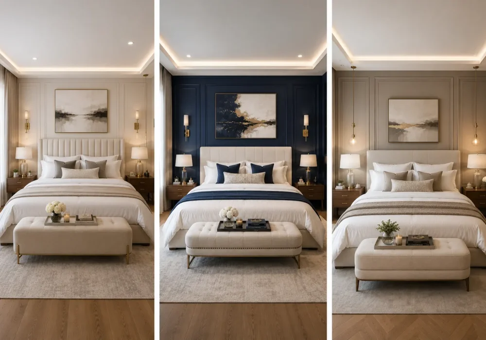 Collage of three luxury guest bedroom ideas featuring elegant hotel style interiors with cream upholstered beds, crisp white layered bedding, navy blue and neutral accent walls, decorative wall molding, walnut nightstands, brass lighting, upholstered storage benches, oversized area rugs, warm wood flooring, contemporary artwork, ambient ceiling lighting, and sophisticated guest room décor showcasing stylish guest bedroom inspiration for modern homes.