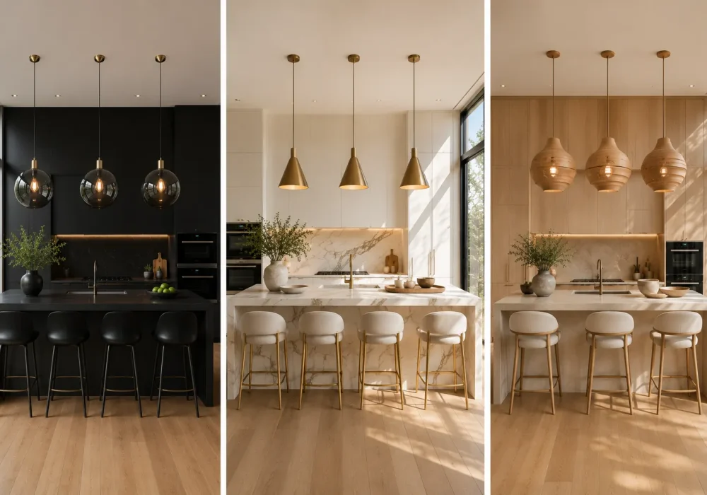 Luxury modern kitchen ideas collage featuring three designer kitchen island styles with sculptural pendant lighting, including matte black smoked glass globe pendants, elegant brass cone pendant lights, and handcrafted wooden statement pendants above luxury waterfall kitchen islands, contemporary kitchen lighting ideas, modern kitchen ideas, premium kitchen island lighting inspiration, high end home decor, designer kitchen interiors, luxury modern kitchen design, elegant pendant lighting over kitchen islands