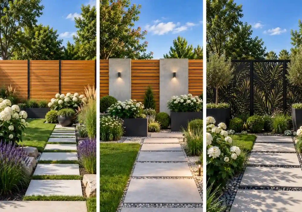 Luxury modern garden fencing ideas featuring three premium backyard fence designs in a vertical collage, including a horizontal cedar slat fence, concrete and wood architectural fence, and decorative laser cut metal privacy fence with white hydrangeas, lavender, ornamental grasses, black planters, concrete stepping stone pathways, lush green lawn, contemporary backyard landscaping, modern privacy fence inspiration, elegant outdoor living design, high end garden makeover ideas.