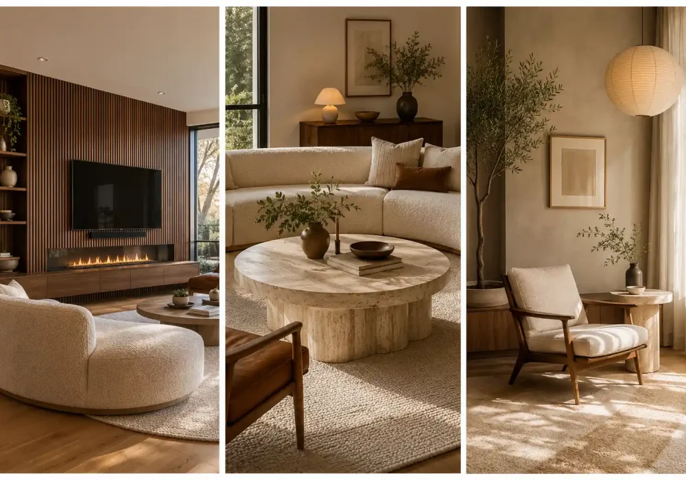 Luxury Mid-Century Modern living rooms collage featuring a walnut slat media wall with linear fireplace, curved cream boucle sofa, round travertine coffee table, sculptural walnut lounge chair, paper lantern pendant light, textured neutral rug, indoor olive tree, warm natural lighting, black framed windows, timeless contemporary furniture, elegant designer home decor, cozy luxury living room inspiration with natural wood finishes.