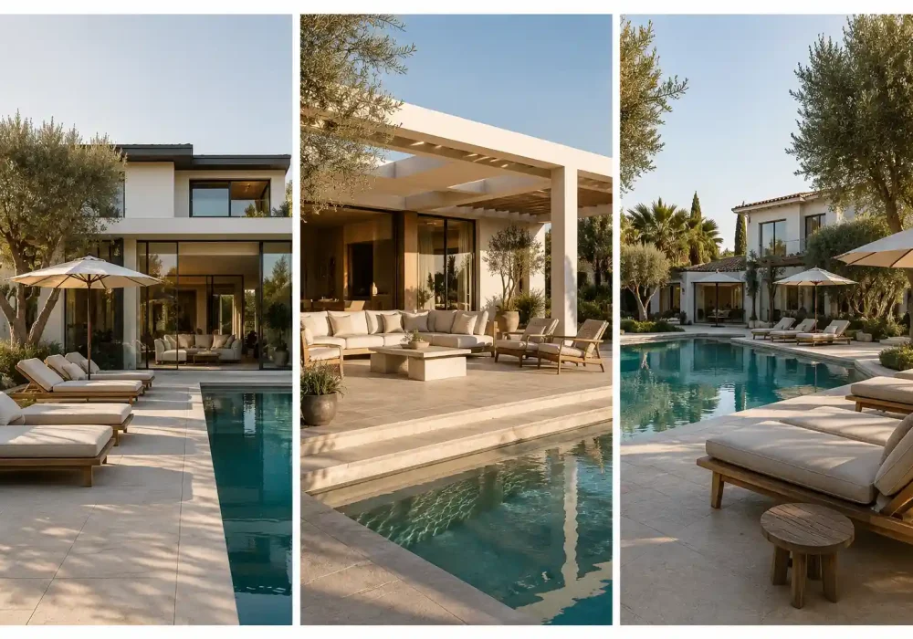 Luxury modern backyard poolside ideas featuring three elegant poolside designs with cream limestone decking, premium chaise lounge chairs, stylish covered outdoor lounge, contemporary white luxury homes, resort inspired swimming pools, modern outdoor living spaces, olive trees, landscaped gardens, sophisticated pool terraces, luxury backyard inspiration, high end poolside ideas for home, elegant outdoor entertaining areas, dream backyard makeover, contemporary landscape design with lounge zones.