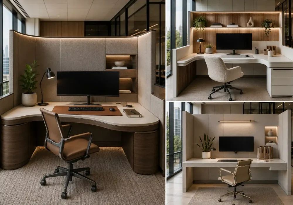 Luxury cubicle decor ideas featuring three modern office cubicle designs with curved executive desks, built in floating shelves, warm LED accent lighting, ergonomic office chairs, minimalist workspace organization, indoor plants, premium office furniture, neutral office decor, contemporary workstation styling, and elegant office inspiration for a productive workspace.