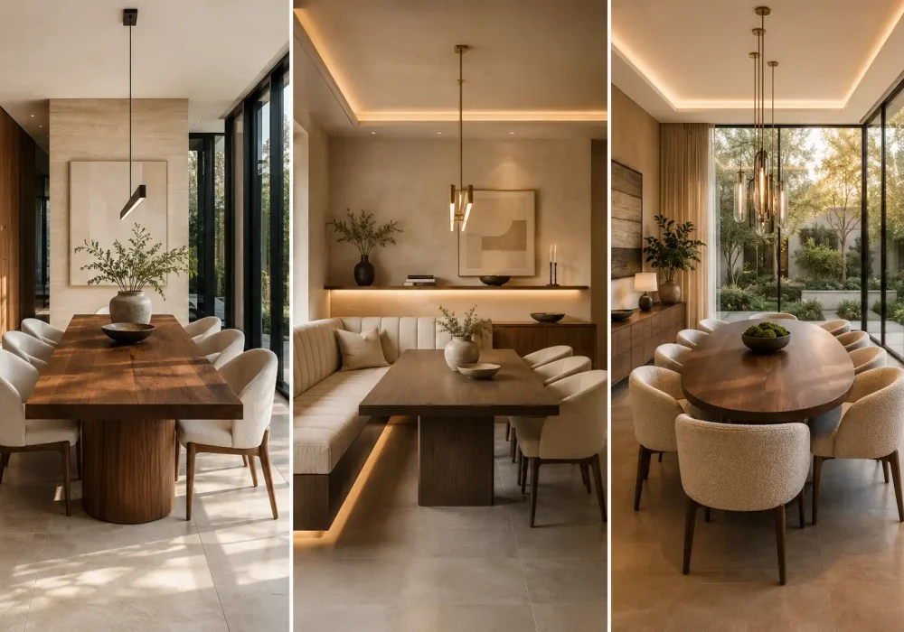 Luxury modern dining room ideas collage featuring three elegant 2026 dining room designs with a floating walnut dining table, custom built banquette seating, curved upholstered dining chairs, floor to ceiling black framed windows, designer pendant lighting, warm neutral décor, architectural lighting, premium wood finishes, and sophisticated contemporary home interior inspiration.