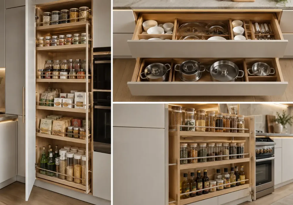 Luxury 11 Small Kitchen Storage Ideas That Look Custom and Cost Less collage featuring a full height pull out pantry, deep custom kitchen drawer organization, and a pull out spice rack cabinet with organized glass jars, cooking oils, seasonings, modern matte white cabinetry, warm wood interiors, built in LED lighting, premium kitchen organization solutions, space saving cabinet storage, custom kitchen design inspiration, elegant small kitchen ideas for maximum efficiency.