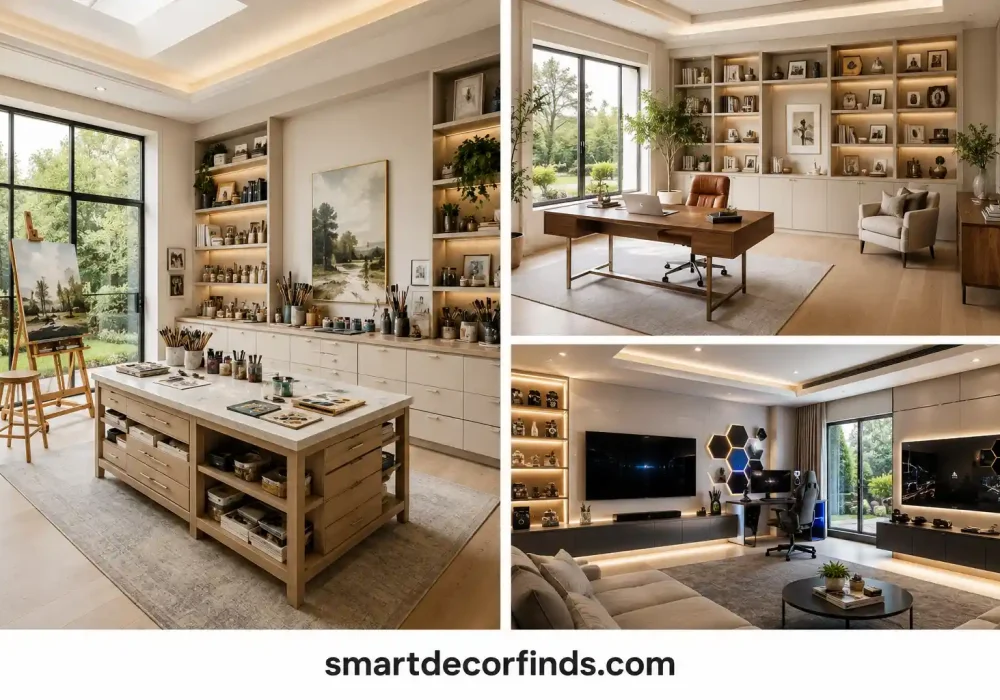 Luxury hobby room ideas collage featuring a bright modern home art studio with custom storage island, elegant executive home office with built in bookshelves, and premium gaming room with large entertainment wall, designer lighting, oversized windows, neutral contemporary interiors, custom cabinetry, organized creative workspaces, stylish home office inspiration, luxury hobby room designs, multifunctional hobby spaces, modern interior design ideas, upscale home organization, beautiful spare room makeover inspiration, functional creative rooms for every personality, elegant hobby room inspiration for modern homes.