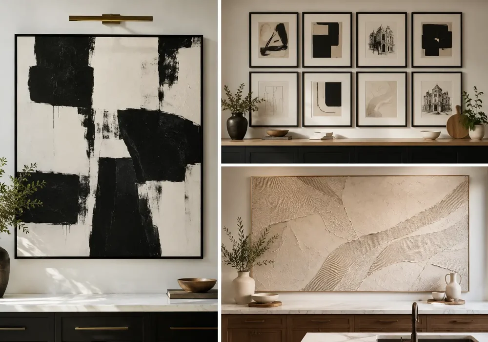 Editorial collage featuring three modern kitchen wall art ideas including an oversized black and white abstract canvas, a curated gallery wall with framed prints, and a large neutral textured canvas above contemporary kitchen countertops with luxury minimalist decor, wood cabinetry, and elegant designer styling.