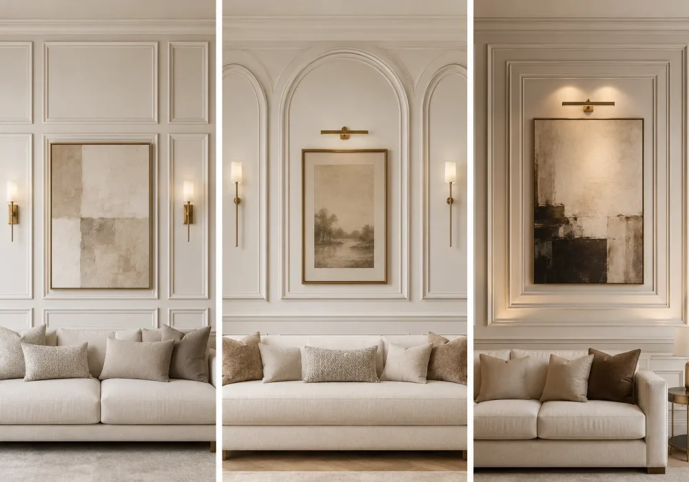 Luxury living room wall molding ideas inspiration featuring three elegant custom feature walls in a stylish editorial collage with oversized picture frame molding, classic arched wall molding, designer artwork, brass wall sconces, neutral cream sofas, architectural wall panels, and timeless built in living room wall designs for modern luxury homes.