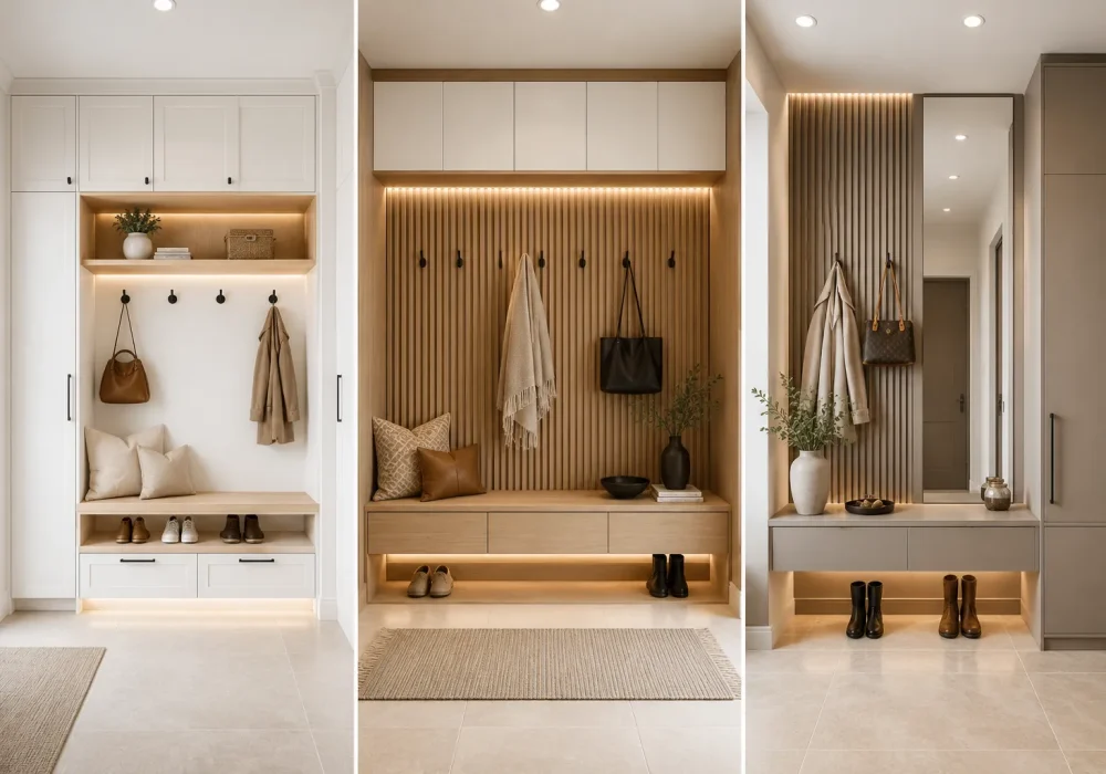 Modern IKEA mudroom ideas featuring three custom built in entryway designs with floor to ceiling storage cabinets, floating wood benches, vertical slat accent walls, warm LED lighting, hidden shoe storage, coat hooks, and stylish organization solutions for busy family entryways.