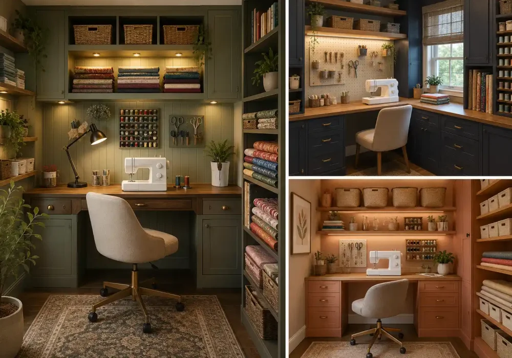 Elegant collage of small sewing room ideas featuring three beautifully organized sewing spaces with custom built in workstations, floating shelves, pegboard organization, fabric storage, thread racks, warm task lighting, premium cabinetry, and smart small sewing room organization solutions designed to maximize storage and functionality in compact craft rooms.