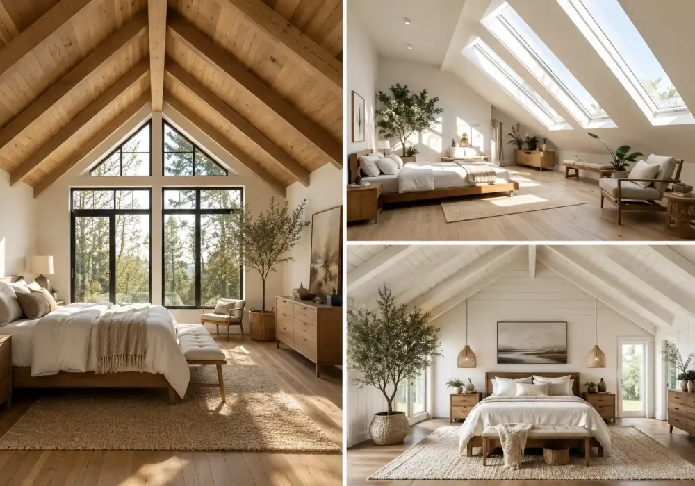 Collage featuring three luxury slanted ceiling ideas with warm natural wood exposed beams, oversized skylights, white vaulted shiplap ceilings, floor to ceiling statement windows, neutral linen bedding, light oak furniture, woven rugs, indoor olive trees, modern farmhouse interiors, contemporary attic bedroom inspiration, elegant vaulted ceiling bedroom ideas, cozy luxury home decor, and beautiful sloped ceiling design showcasing three stylish ways to transform attic and loft spaces.