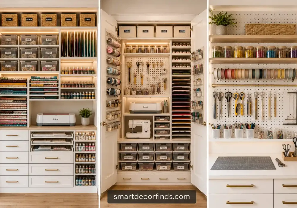 Premium craft room storage ideas featuring a custom built in organization wall with three beautifully arranged storage zones including floor to ceiling cabinets, a hidden craft closet, and a modern pegboard workstation. The space showcases Cricut machines, neatly folded fabric, colorful cardstock, ribbon storage, paint bottles, labeled bins, clear acrylic organizers, floating shelves, deep drawers, LED lighting, and smart craft room storage ideas that maximize every inch while keeping creative supplies organized, accessible, and clutter free.