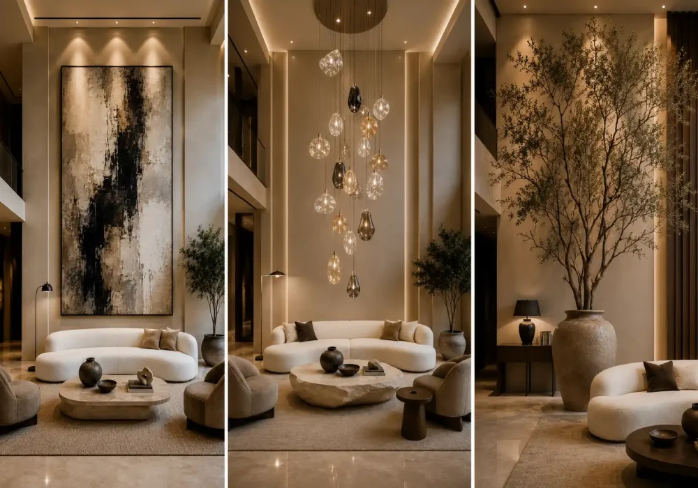 Luxury high ceiling living room decor collage featuring oversized vertical statement artwork, a cascading glass chandelier, and extra tall decorative branches in a large ceramic floor vase, styled with curved cream sofas, natural stone coffee tables, indoor trees, warm ambient lighting, and elegant modern double height interiors. vertical decor ideas